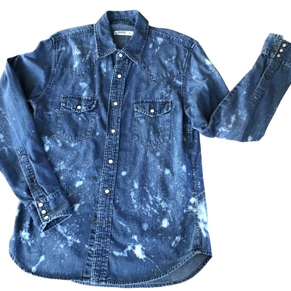 Upcycled Bleach Distressed Denim Shirt, GAP Medium:  Gypsy Soul Snap Closure Top - Picture 8 of 10